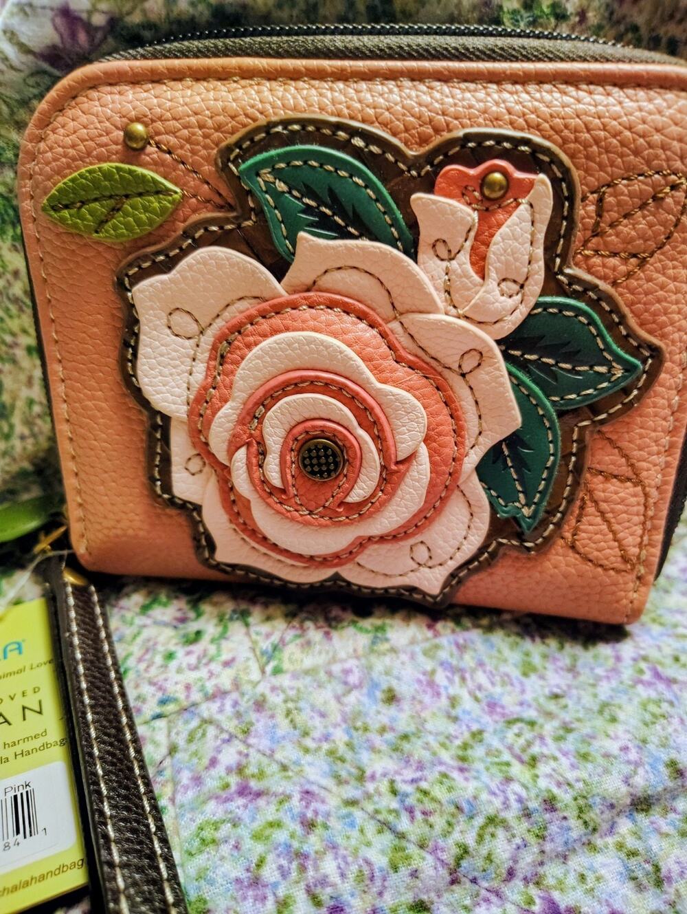 NWT CHALA Pink Rose Floral Wallet Organizer Wristlet Strap